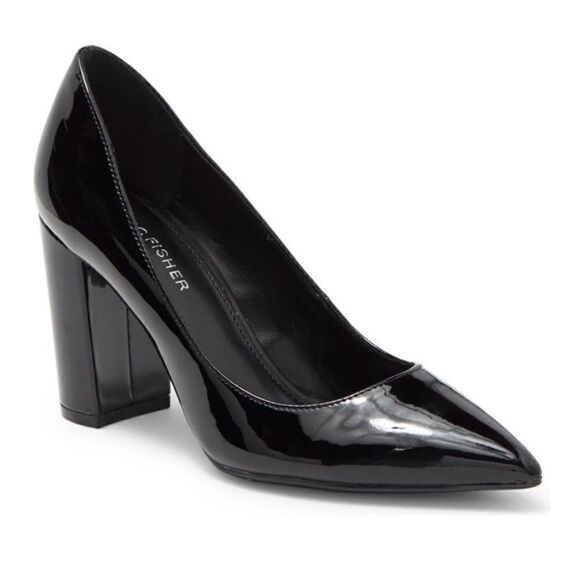 Marc Fisher Georgy Pointed Block Heel Pump, Black Patent Leather, Size 8.5 NWT - Picture 1 of 5